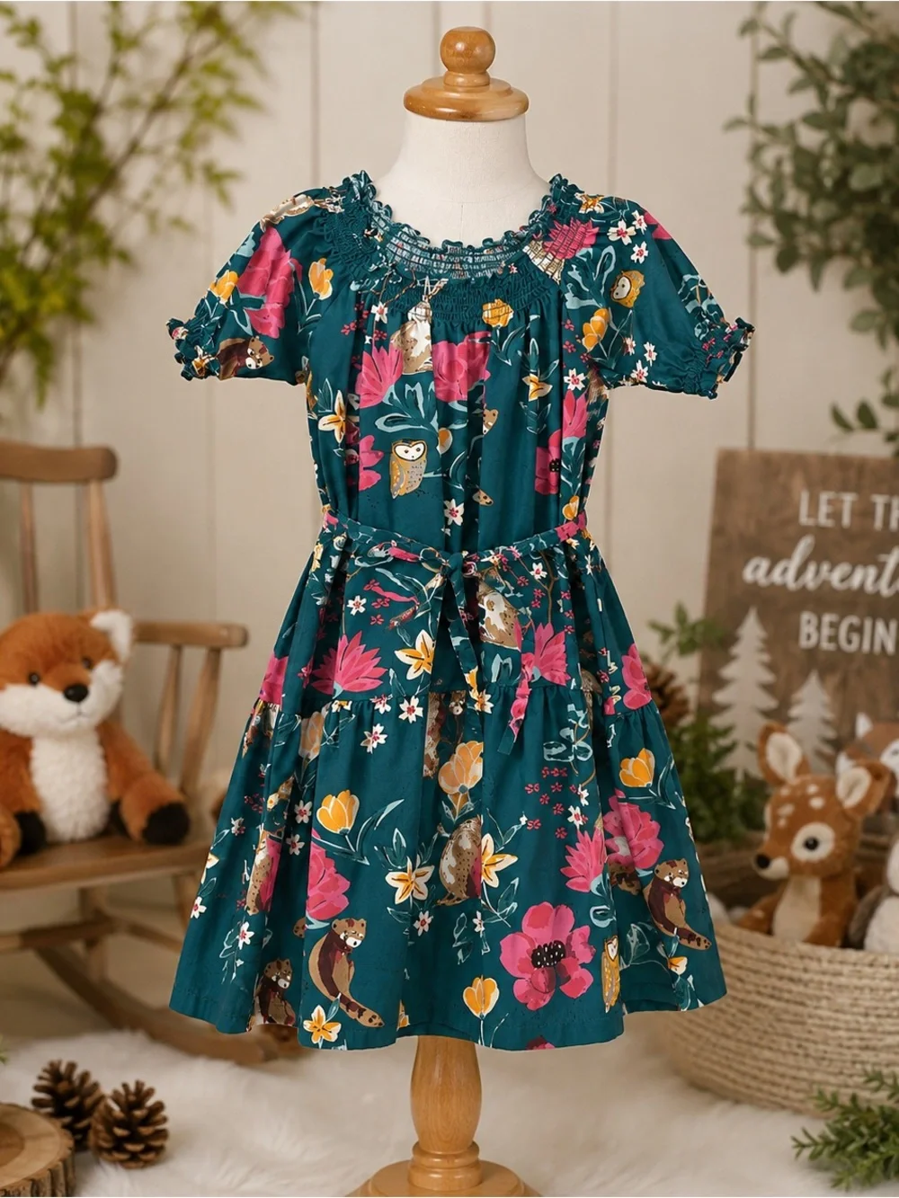 Tea Collection Girls Size 7 Woodland Animal Floral Smocked Dress Puff Sleeves